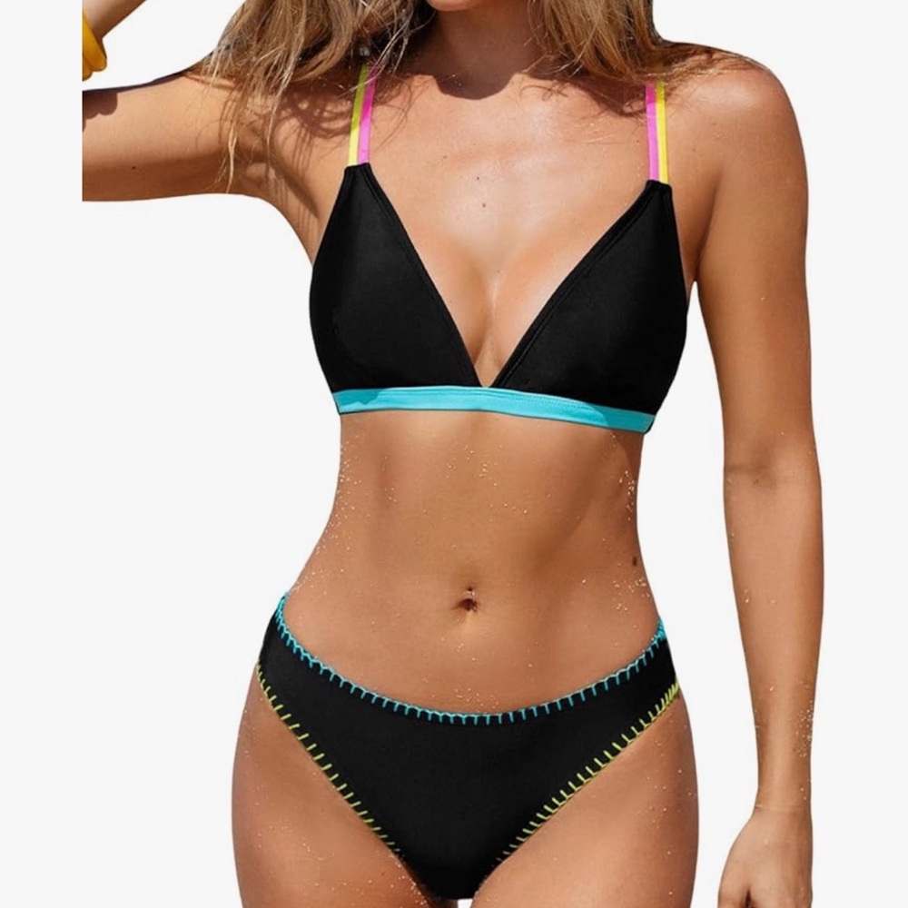 Cupshe Black Bikini with Blue and Pink Details